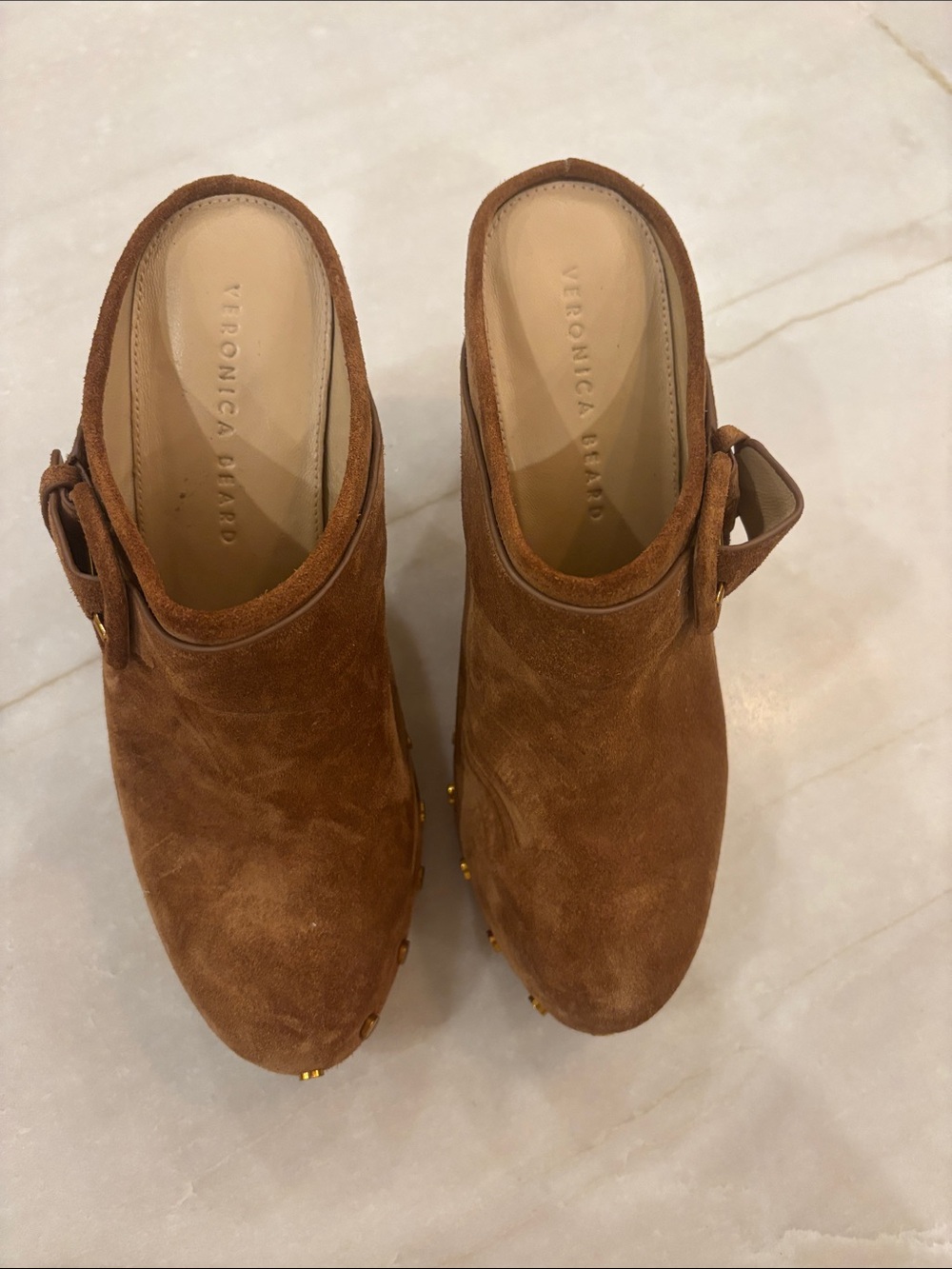 Veronica Beard Tan Suede Studded Clog Mules
